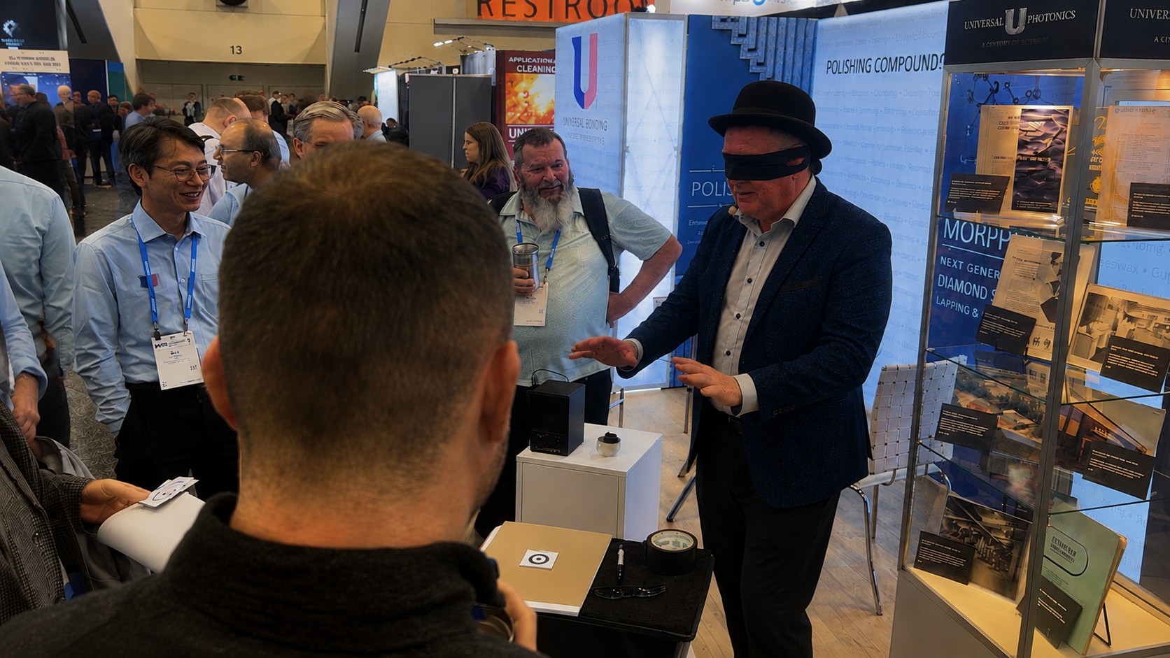 Clive performing inside a trade show booth while attendees gather close to watch.