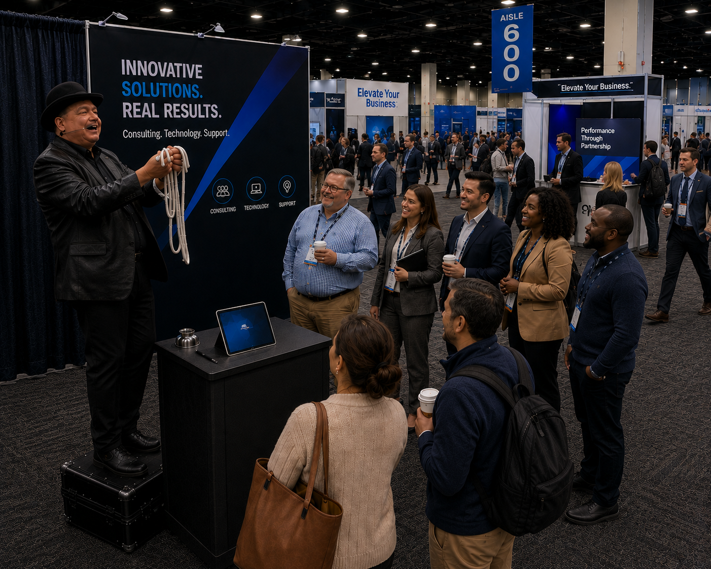 Clive performing rope magic for a gathered crowd on a trade show floor.