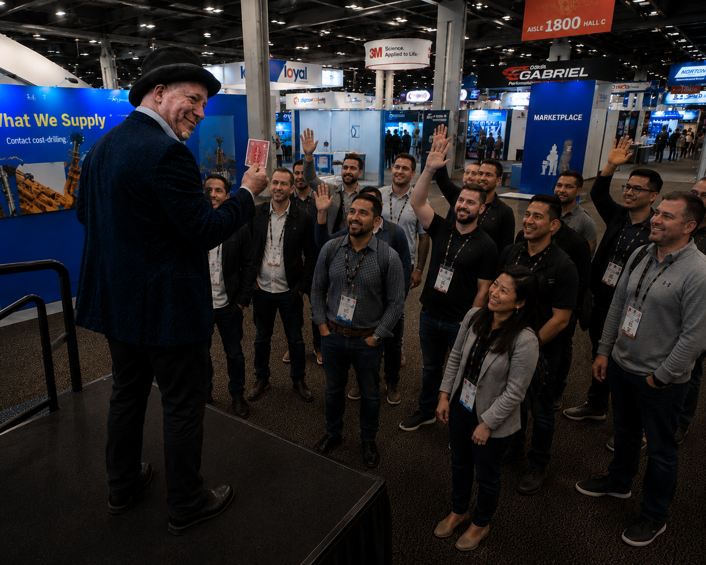 Clive on a small trade show stage performing for a gathered audience.